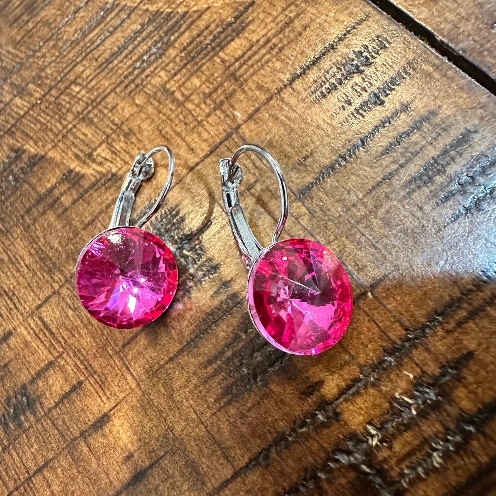 New, Women Silver/Pink Crystal Dangle Earrings. 1” long and 3/4” width.